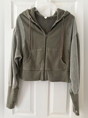 FP Movement by Free People Olive Green Zip Hoodie with Textured Sleeves